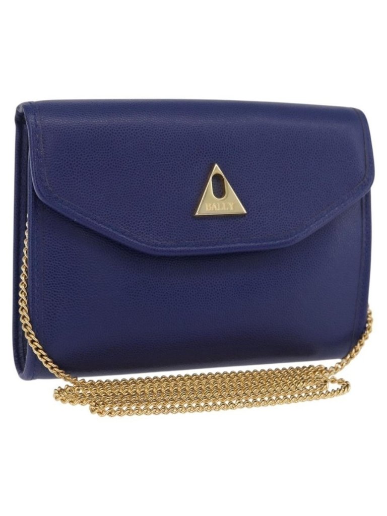 Authentic Bally Chain Shoulder Bag Leather Blue Gold